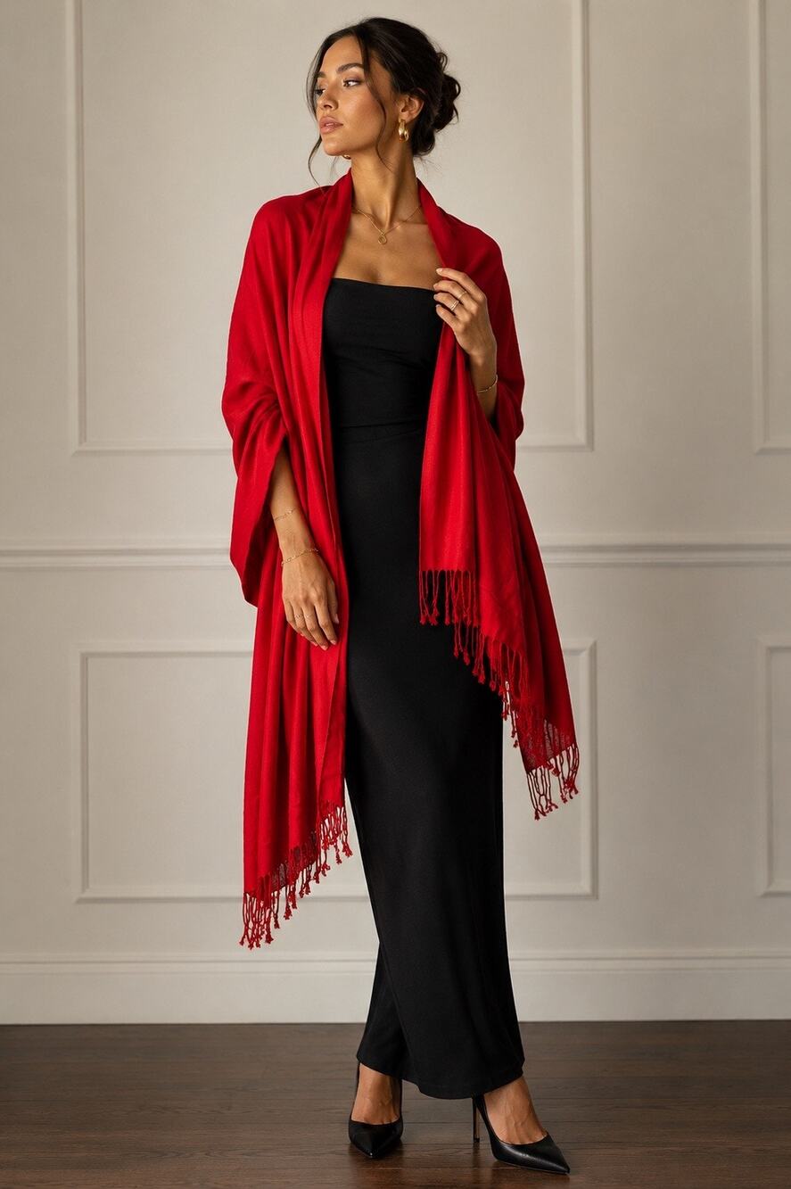 Oversized Red Pashmina Style Wrap Scarf Shawl Fringe Lightweight Classic